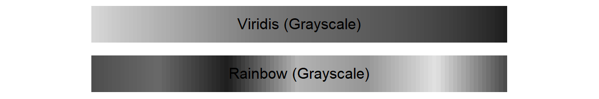 Example scales for the default Rainbow palette and Viridis converted to grayscale. The Rainbow scale is indiscernible in grayscale, but the Viridis scale remains interpretible with minimal information loss.